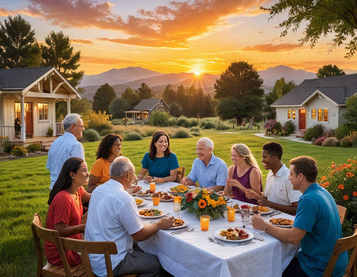 A serene landscape featuring diverse individuals engaging happily in a community gathering, with elements like laughter, shared meals, and supportive interactions. Bright, uplifting colors radiate positivity, while a beautiful sunset symbolizes hope and connection. In the background, subtle hints of LDS symbols subtly blend into nature, enhancing the theme of spiritual well-being. super-realistic. vibrant colors. peaceful atmosphere.