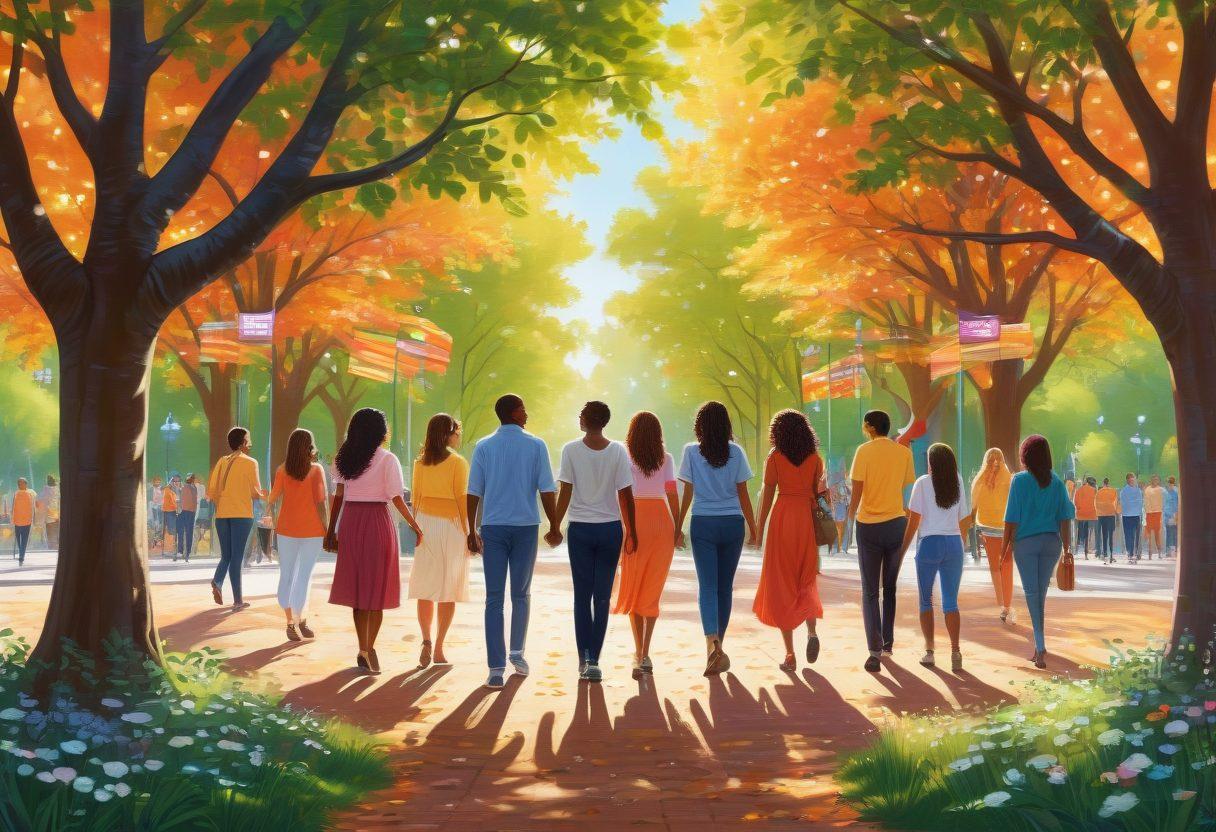 A diverse group of people from various backgrounds gathered in a vibrant park, sharing smiles and engaging in uplifting conversations. Include elements like colorful banners promoting kindness and support, and nature symbols like trees and flowers to represent growth. The scene should be warm and inviting, exuding a sense of community and joy. A gentle sunlight filtering through the leaves enhances the atmosphere. super-realistic. vibrant colors. sunny day.