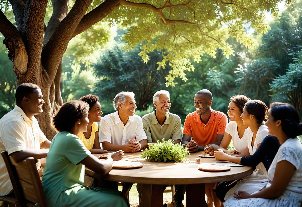 A warm, welcoming gathering of diverse individuals engaged in joyful conversation with smiles and laughter, surrounded by lush greenery and soft sunlight filtering through trees, symbolizing a supportive fellowship. Incorporate elements like scriptures, heart-shaped decorations, and warm colors to evoke a sense of community and uplifted spirits. super-realistic. vibrant colors. soft focus.